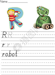 孩子与机器人字母工作表虚线卡通片孩子插图幼儿园瞳孔草图写作拼写机器人设计图片