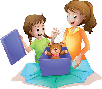玩玩具熊的女孩妈妈和基盒子展示生日男人孩子母亲家庭婴儿育儿女性设计图片