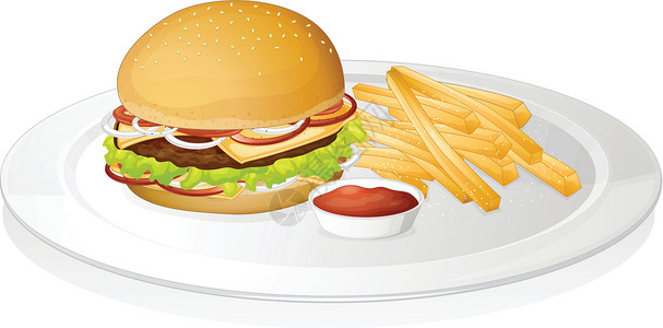 给面包抹酱汁汉堡炸薯条和沙司馅饼蔬菜食物洋葱材料飞碟土豆牛肉小吃午餐设计图片