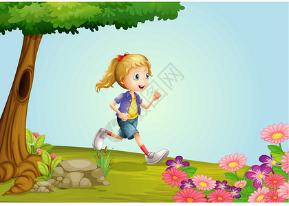 半蓬草一个女孩女孩树干绘画花朵草地跑步女士绿色植物蓝色孩子设计图片