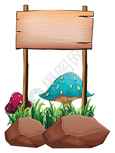 在大蘑菇和岩石附近的空木木签牌背景图片