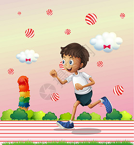 男孩白天一个男孩在糖果园慢跑设计图片