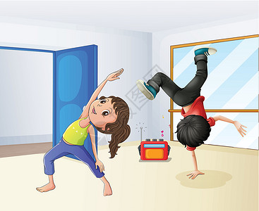 瑜伽音乐一个女孩和一个男孩跳舞镜子立体声孩子们房间健身房绅士女士瑜伽有氧运动男性设计图片