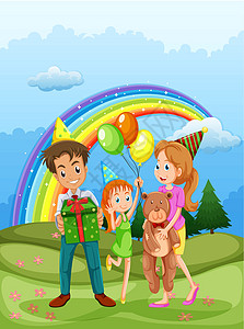 彩虹帽子一个幸福的家庭 在山顶 和天空的彩虹设计图片
