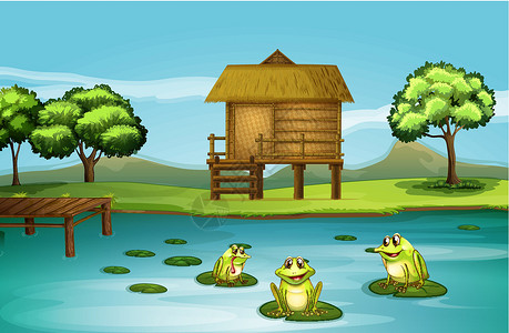 西纳尼察湖池塘 三只好玩的青蛙设计图片