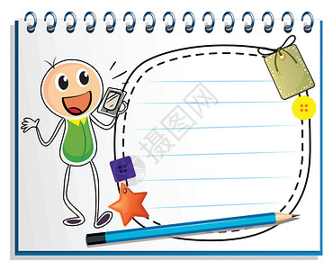 尖拱一本笔记本和一张男孩拿着收音机的图画设计图片