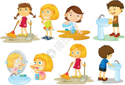 开心的小孩子们孩子们参与不同的活动女孩们刷子扫帚女性团体剪贴镜子绘画卫生清扫设计图片