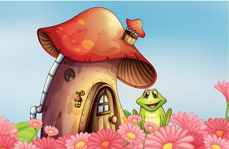 矮小蘑菇屋附近的青蛙 还有花朵花园设计图片