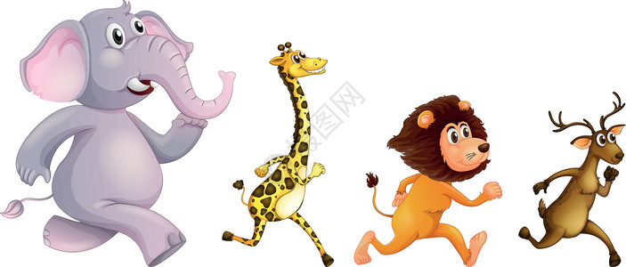 长毛怪四只野生动物在运行狮子捕食者长毛团体活动斑点慢跑驯鹿动物卡通片设计图片