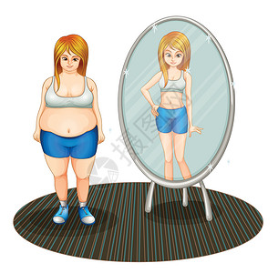 一个好看镜子一个胖女孩和她的瘦弱的反光女孩反射条纹镜子长方形玻璃小地毯金属椭圆形肥胖设计图片