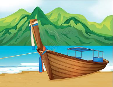 锚定的带木船的海滩设计图片