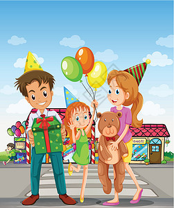 气球路引在人行道上幸福的家庭设计图片