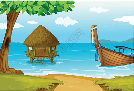 西帕丹岛海滩 有小屋和木船设计图片