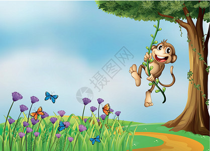 爬藤蔷薇花一只猴子挂在藤树上设计图片