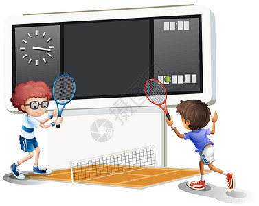 拿捕蝉网男孩两个男孩用一个大记分牌打网球设计图片