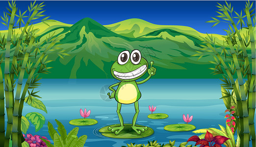 矮小一只青蛙站在水百合上方设计图片