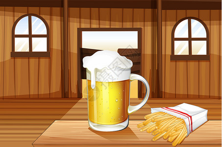 拦门酒一杯冰啤酒和薯条 在酒吧的酒吧设计图片
