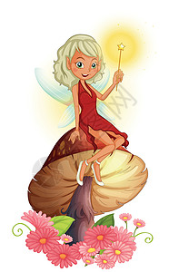 坐在树上女孩一个仙女拿着魔杖 坐在巨大的蘑菇上方设计图片