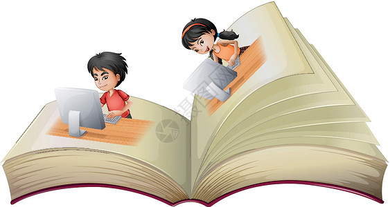 读故事与一名女孩和一名男孩使用计算机的开放书设计图片