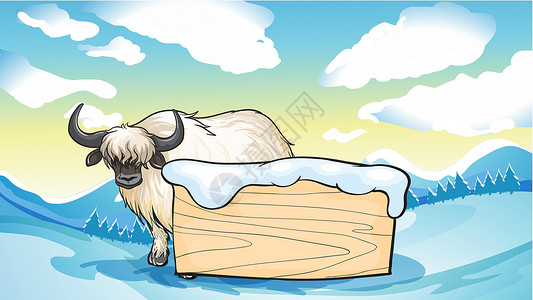 雪动物空标牌背面的一头牛设计图片
