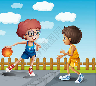 篮球上篮防守打篮球的两个男孩男性运动员卡通片篮球孩子们黄色绘画运动男人运球设计图片