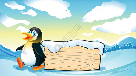 企鹅和小土豆雪带一只企鹅和一个空木板样板设计图片