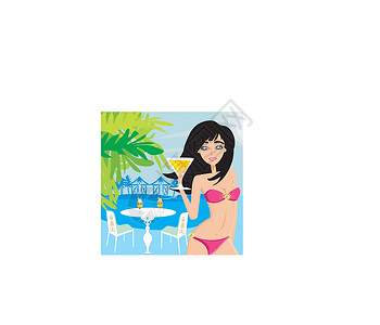夏天喝饮料的泳装女孩穿比基尼的女孩喝酒设计图片