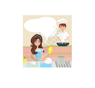 家庭主妇做饭厨房工人 女人洗碗 男人做饭 男人做饭设计图片