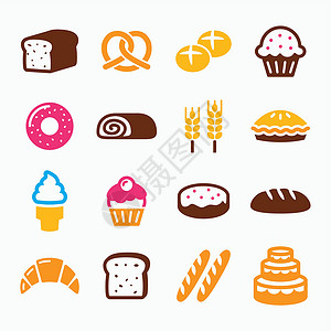 百吉饼面包店 糕点图标集面包 甜甜圈 蛋糕 纸杯蛋糕插图脆皮小麦食谱厨房食物橙子冰淇淋面粉酒吧设计图片