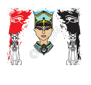 女王猫和鱼群与埃及女王的后边框架绘画眼睛手工仪式文字手稿纪念品法老牛皮纸工艺设计图片