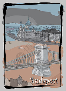 链桥布达佩斯布达佩斯市风手画明信片设计图片