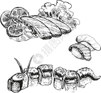 三文鱼火腿卷寿司小吃餐厅螃蟹熏制奶油午餐鳗鱼食物海藻芝麻设计图片