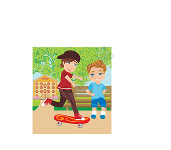 二一九公园快乐的男孩在滑板上速度公园动画片闲暇男生眼睛青少年运动微笑情绪设计图片