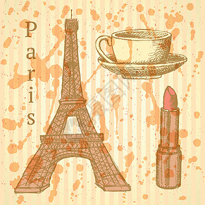 法语粉丝埃菲尔塔 口红和杯子 矢量背景纪念碑飞碟艺术地标建筑学文化草图金属旅行旅游设计图片