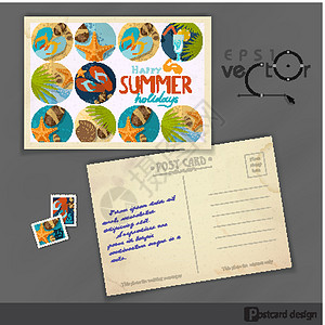 明信片背面模板旧贺卡设计 模板卡片热带海洋问候语太阳镜棕榈海滩明信片海星旅行设计图片