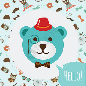 熊帽子Hipster 熊头卡片矢量插图设计图片