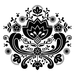 对称竹竿叶子挪威民间艺术 Bunad 黑色模式     玫瑰风格刺绣设计图片