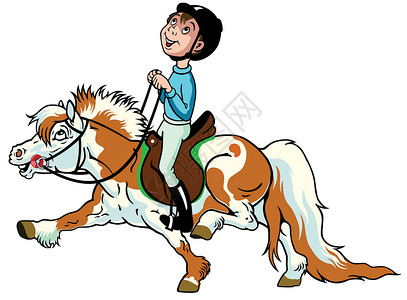 蒙马特骑雪特兰小马的卡通男孩运动微笑马术插图漫画活动卡通片童年农场牧场设计图片
