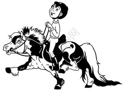 塞拉马特骑雪特兰小马的卡通男孩漫画马术牧场骑术农场运动童年训练插图男生设计图片