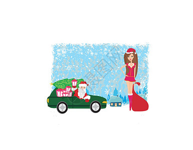 车辆年审圣诞老人和美丽的女人展示购物装饰品驾驶节日男人套装城市传统帽子设计图片