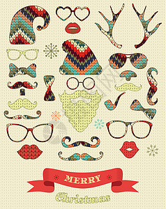 圣诞胡子圣诞休后套装在编织纹理上设计图片