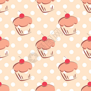 奶油樱桃无缝矢量模式或带有樱桃纸杯蛋糕和粉红背景白波卡点的瓷砖质质设计图片