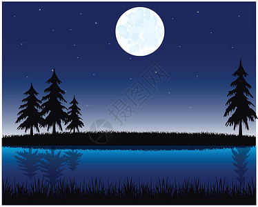 常绿植物清晨在河上黑色月亮生长针叶松树边栏星星墙纸反射公园设计图片