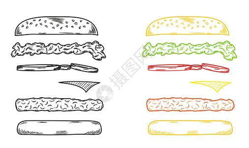烤翅中原料汉堡包草图包子洋葱午餐食物牛肉工作室芝士汉堡美食芝麻设计图片