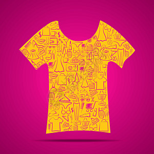 黄色T恤带有创意购物产品图标设计概念矢量的T恤衫设计设计图片