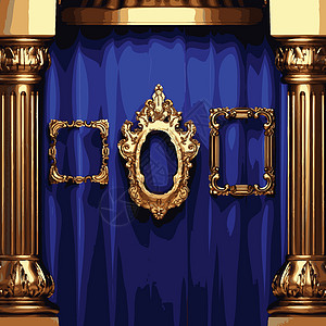 矢量金色框和蓝幕幕台金子展示艺术歌词场景礼堂模具歌剧推介会剧场背景图片