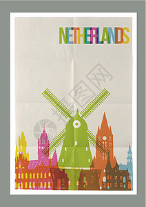 荷兰阿姆斯特丹荷兰旅行标志性荷兰古代纸纸海报设计图片