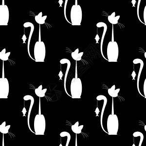 吃鱼黑色猫咪无缝模式微笑小猫哺乳动物猫科绘画猫咪孩子胡须尾巴诱惑设计图片