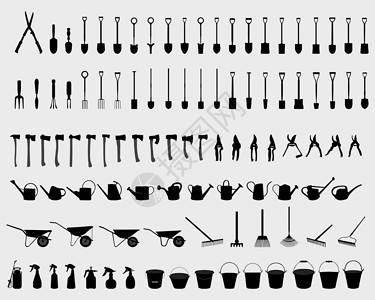 别墅园艺花园工具插图硬件黑色铲子罐头割草机斧头园艺水桶挖掘机设计图片