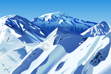 雪山全景雪雪山天空插图全景山脉高山季节性森林旅行季节蓝色设计图片